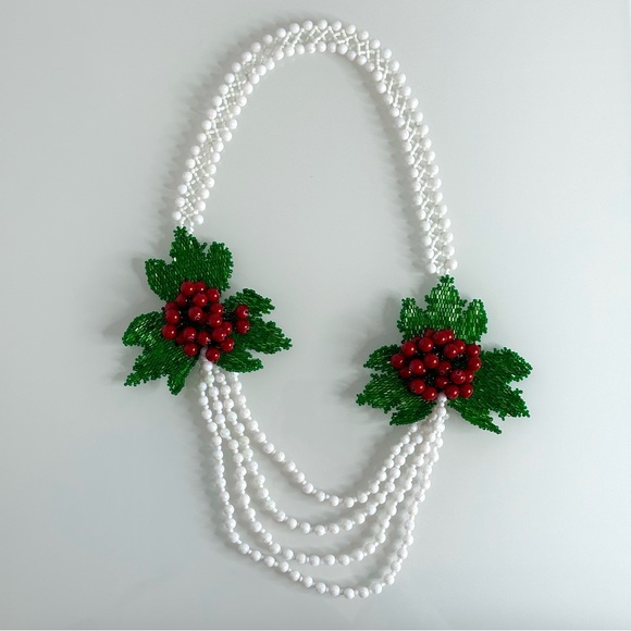 Hand beaded white necklace with cranberry inspired details and green leaves - Picture 1 of 5